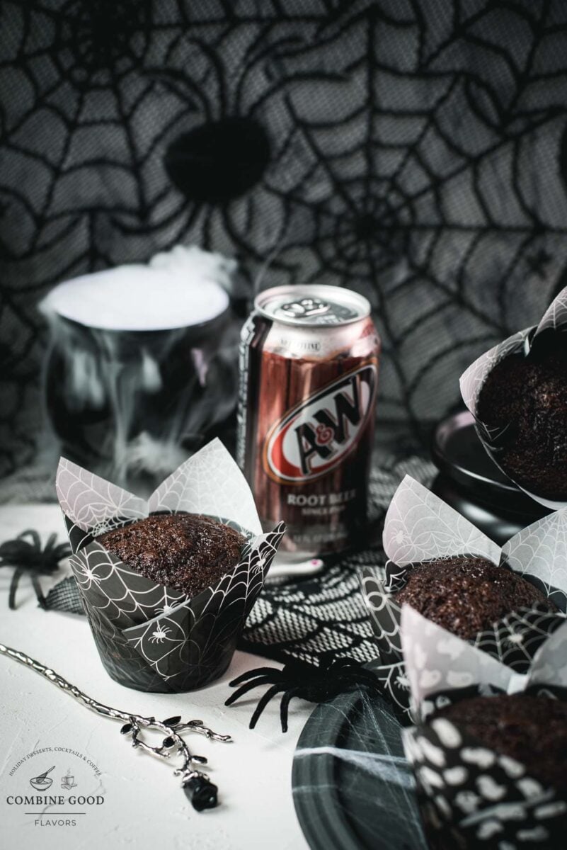 Halloween chocolate muffin with A&W Root Beer and a black metal rose
