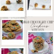 Collage of chewy oatmeal M&M chocolate chip cookies on pastel plates with spring flowers, a glass cookie jar, and colorful M&M’s.