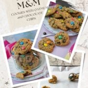 Collage of soft oatmeal M&M cookies with chocolate chips, colorful spring tulips, scattered M&M’s, and cookies displayed in a glass jar.