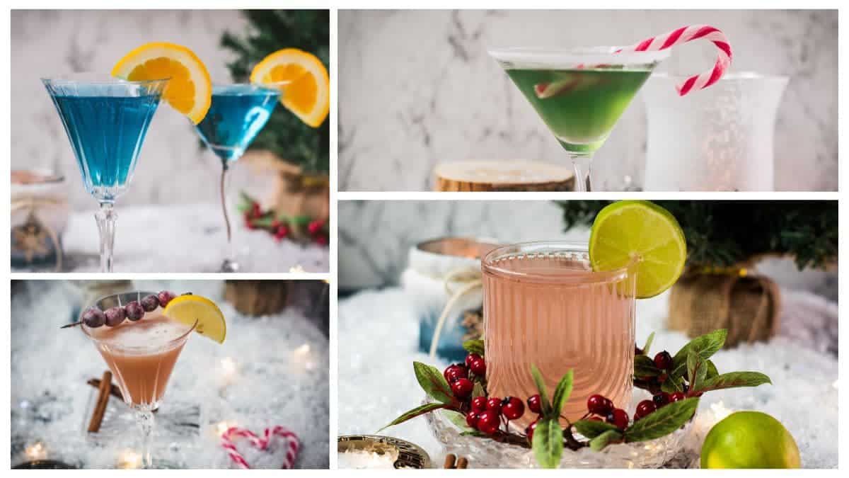 Collage of four Christmas cranberry cocktails in pink, red, blue, and green, styled with festive holiday garnishes.