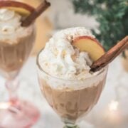 Decadent apple cider eggnog, garnished with a cinnamon stick, whipped cream, and apple slices.