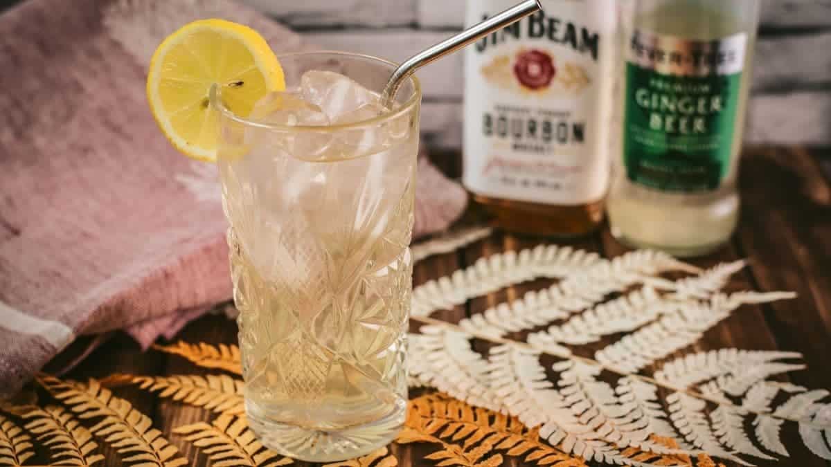 Gorgeous Bourbon Highball cocktail, made with Bourbon and Ginger beer. Served with a lemon slice.