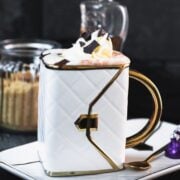 Decadent brown sugar mocha, served in gorgeous mug that looks like a delicate handbag.