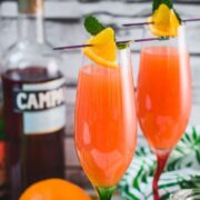 Two champagne glasses filled with vibrant Campari Mimosa. Garnished with an Orange slice and mint leaf on a cocktail skewer.