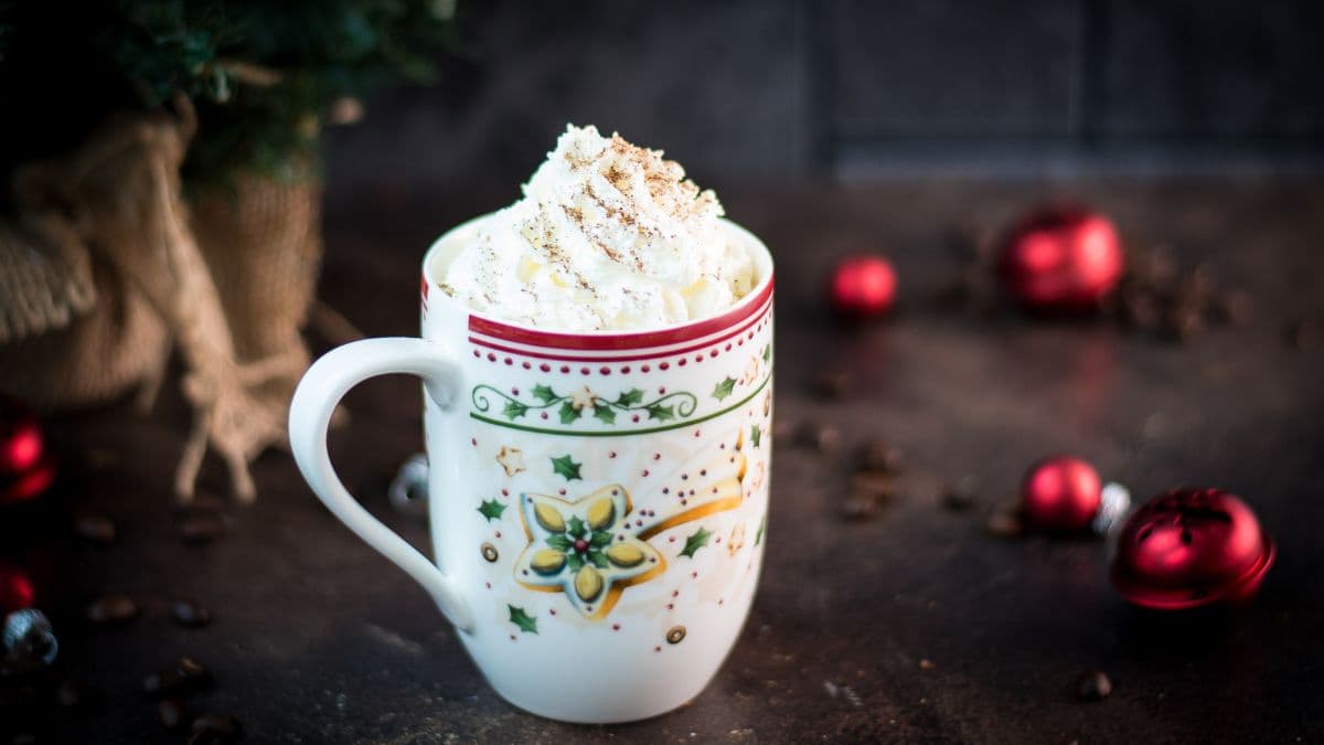 Scrumptious eggnog latte with whipped cream topping and dusted with cinnamon, served in gorgeous Christmassy mug.