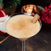 Delicious eggnog martini dusted with ground cinnamon and garnished with a cinnamon stick.