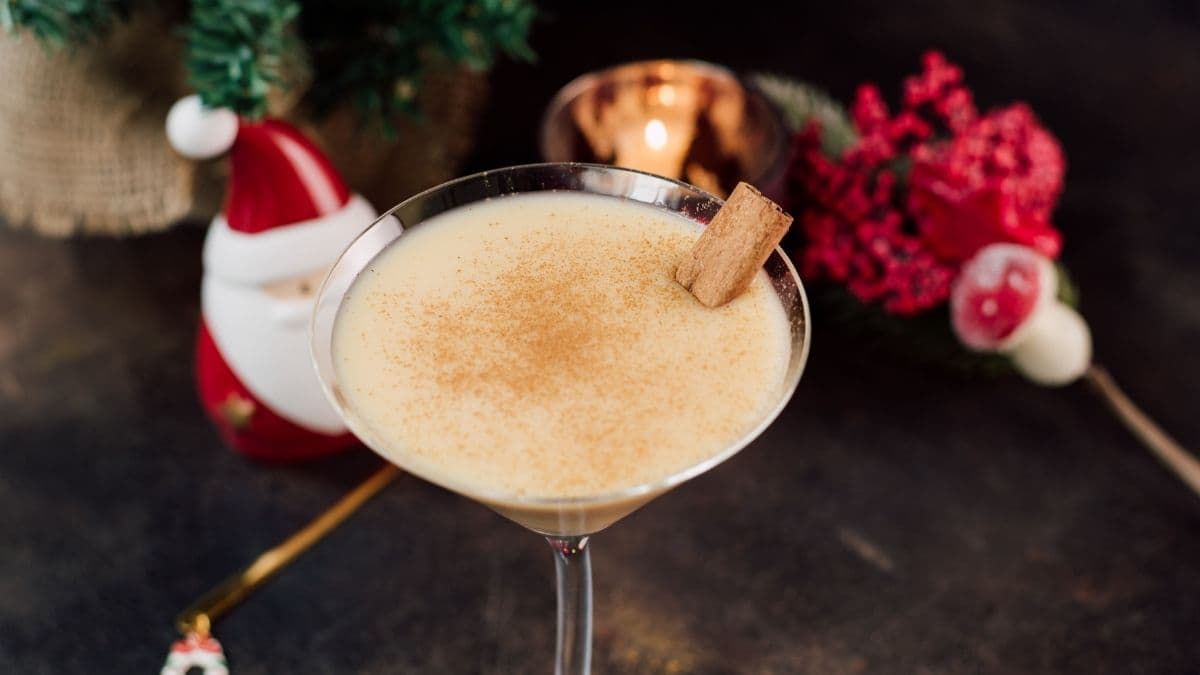 Delicious eggnog martini dusted with ground cinnamon and garnished with a cinnamon stick.