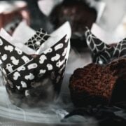 Chocolate root beer muffins in front of an A&W Root Beer can