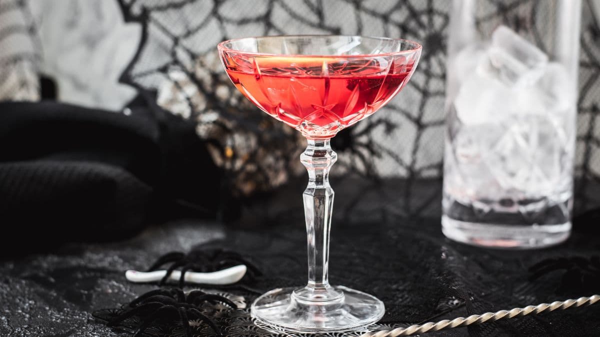 Cocktail Glass filled with a stunning red old pal cocktail, garnished with a lemon zest, and placed on spider web covered ground.