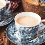 Alpine coffee served in pretty, traditional blue and white patterned coffee set.