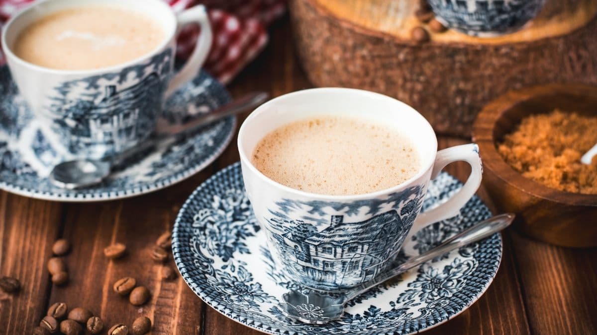 Alpine coffee served in pretty, traditional blue and white patterned coffee set.