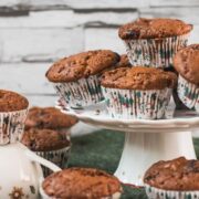 Delicious St. Nicholas chocolate muffins, placed one christmassy plates.